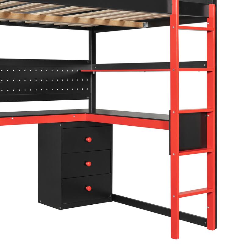 Gaming Loft Bed with Recessed Table Cabinet Pegboard Storage Stairs