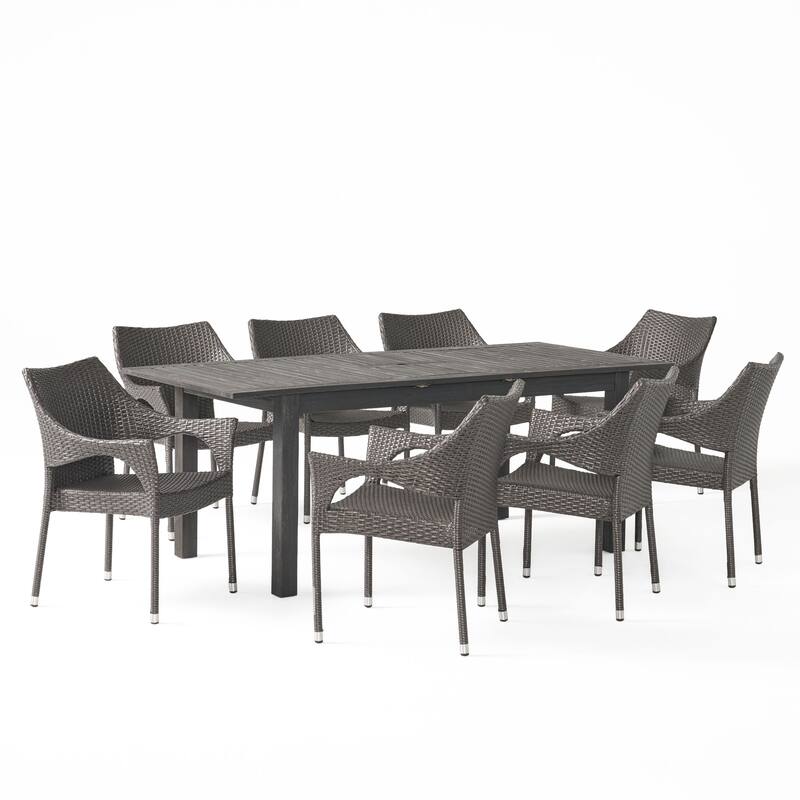 Damon Outdoor 9 Piece Wood and Wicker Expandable Dining Set by Christopher Knight Home