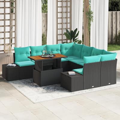 vidaXL 9 Piece Garden Sofa Set with Cushions Black Poly Rattan - 103.9×92.1×27.2
