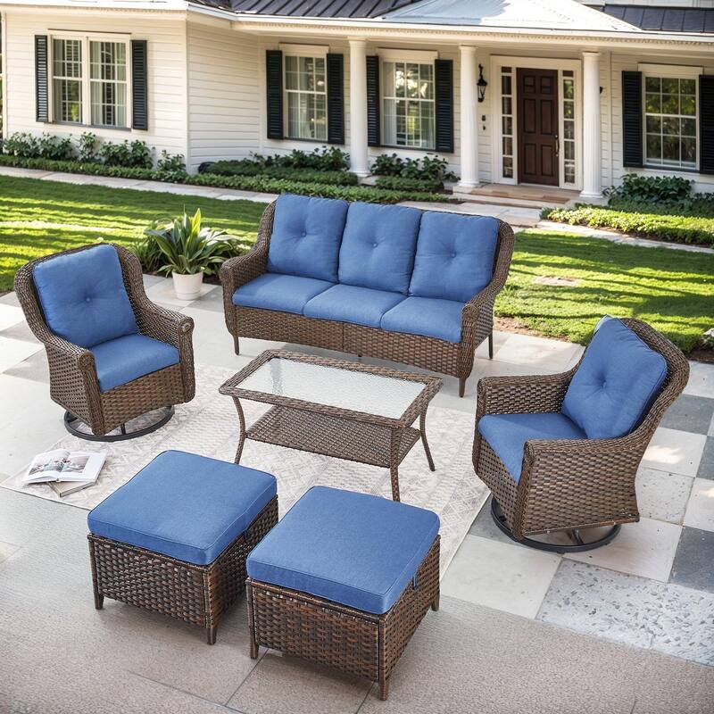Pocassy Wicker Patio Conversation Set for Backyard - Blue Cushion - 6PCS Sofa with Swivel Chair Table Ottoman