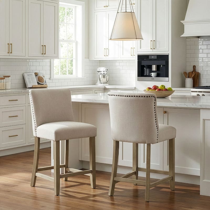 Set of 2 Aleco Beige Fabric Counter Stool with Metal Nail Head Accents