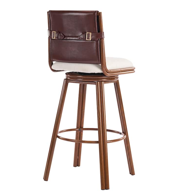 Sibyl Indoor Upholstered Swivel Bar Stool with Metal Frame, Walnut Finish and Beige Upholstery, Set of 2