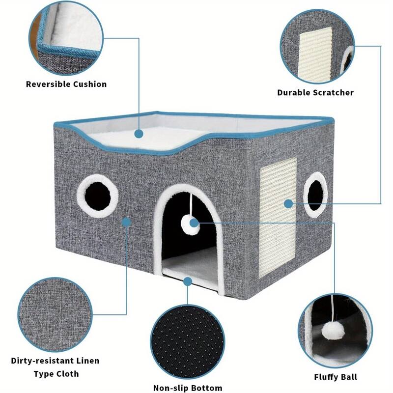 Extra-Wide Cat House Indoor Foldable With Scratch Pad And Toy - 23.5" x 16.35" x 13"