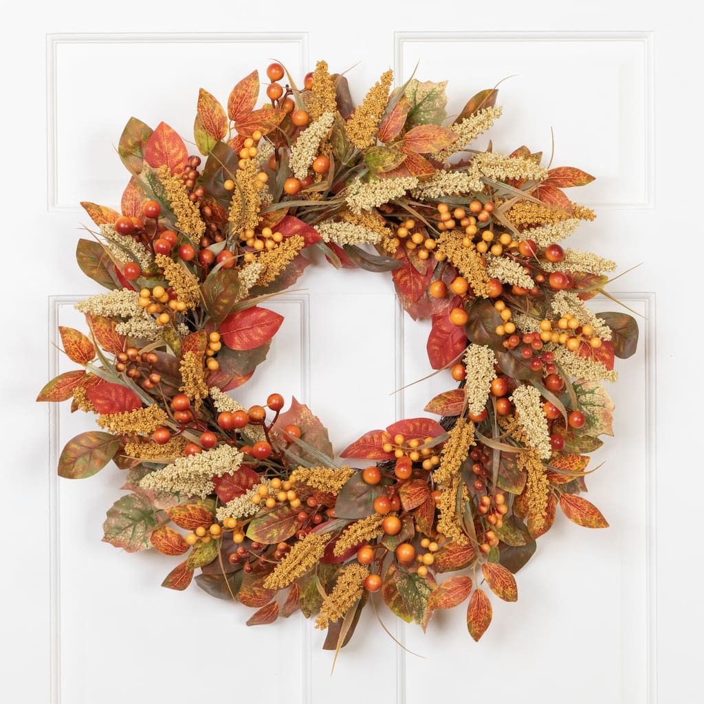 Autumn Leaves Grass Blades and Berries Artificial Fall Harvest Wreath - 24"
