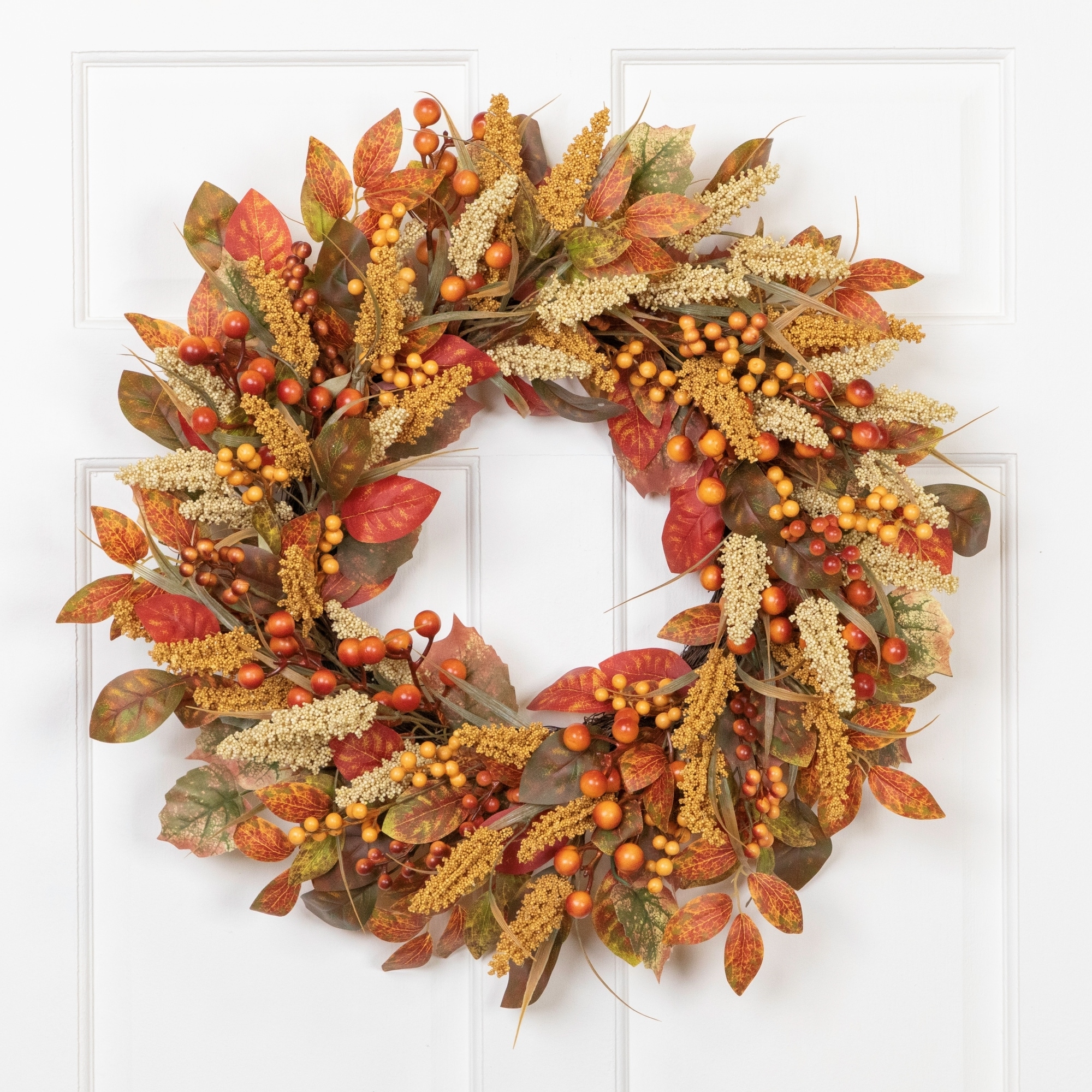 Autumn Leaves Grass Blades and Berries Artificial Fall Harvest Wreath - 24"