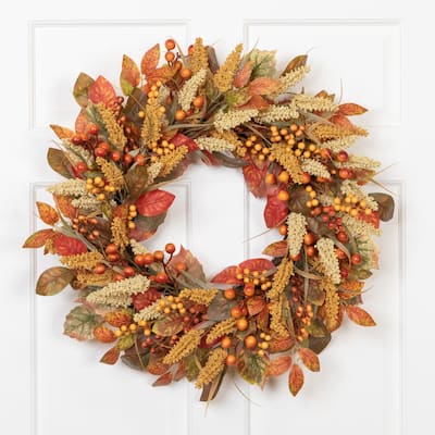 Autumn Leaves and Berries Fall Harvest Artificial Wreath - 24" - Unlit