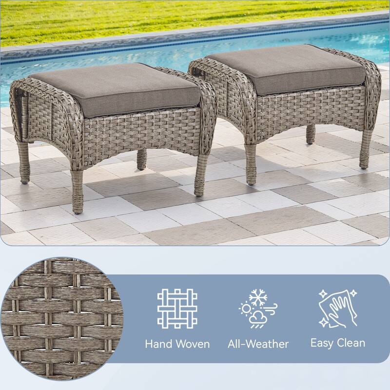 Gymojoy Versatile Outdoor Wicker Ottomans with Soft Cushions