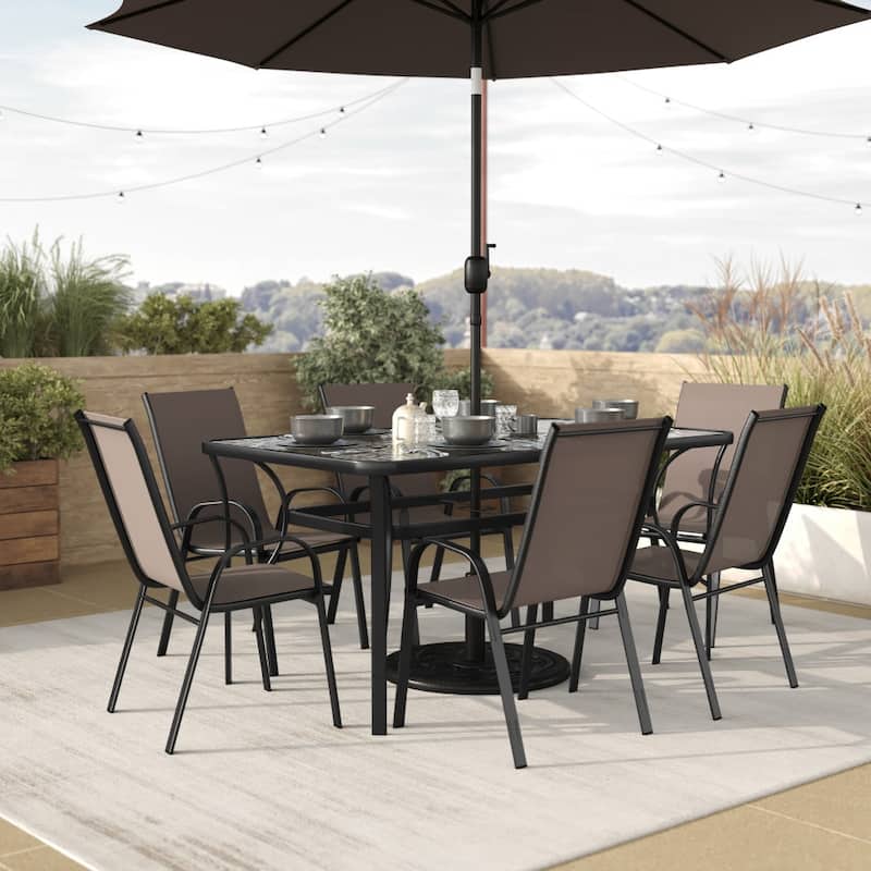 7 Piece Patio Dining Table and Chairs Set with Glass Table and 6 Chairs - Brown