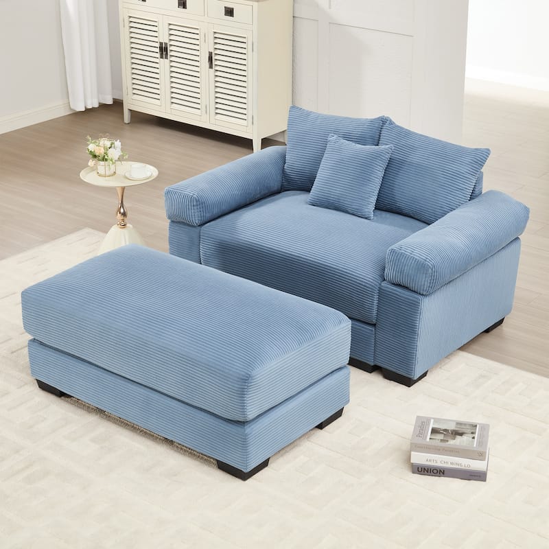 Roomfitters 54.3" Oversized Cloud Modular Sofa & Ottoman, Corduroy Deep Seat Couch with Thick Armrests - Blue