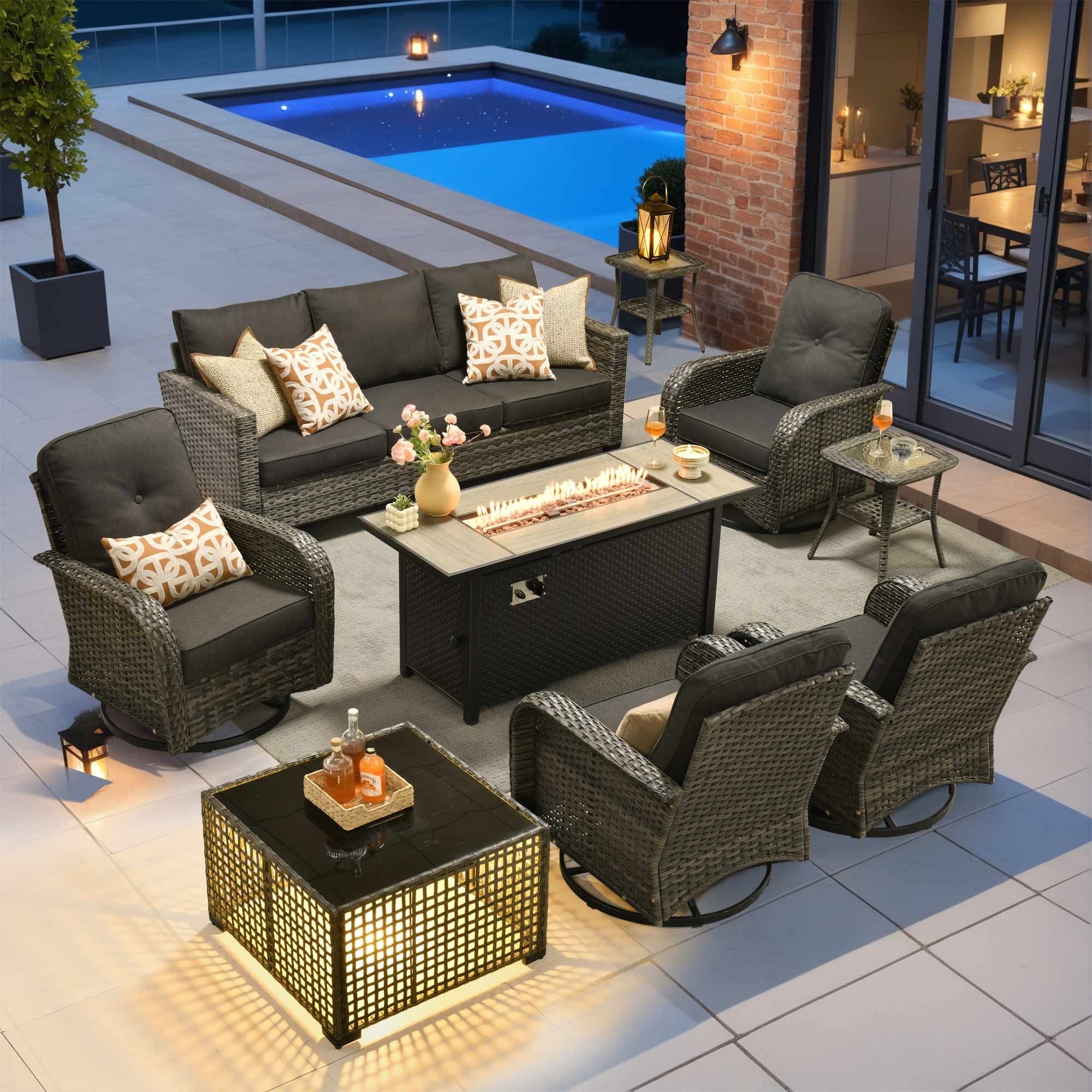 OVIOS 9 Pieces Outdoor Wicker Sofa Swivel Chair Set with 54" Fire Table