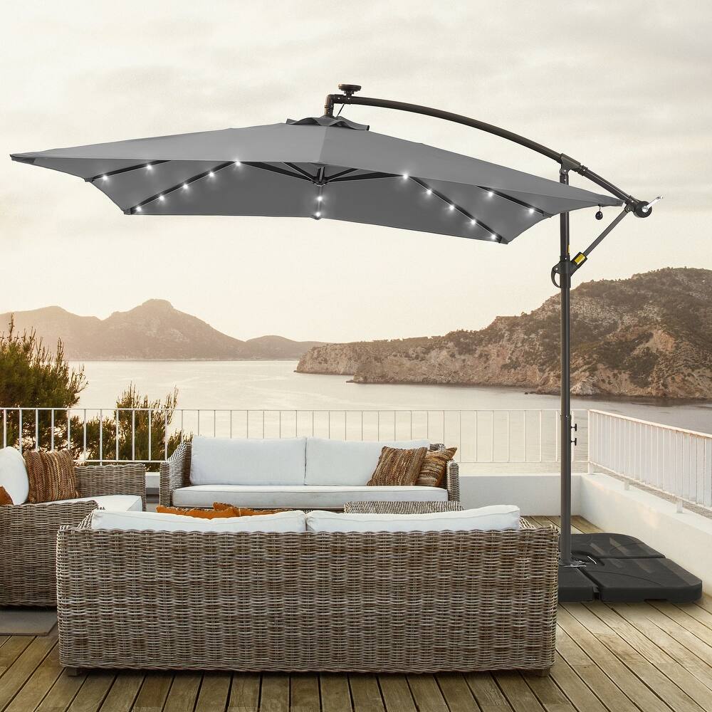 LIVOOSUN 8.2Ft LED Square Offset Hanging Patio Umbrellas w/Base