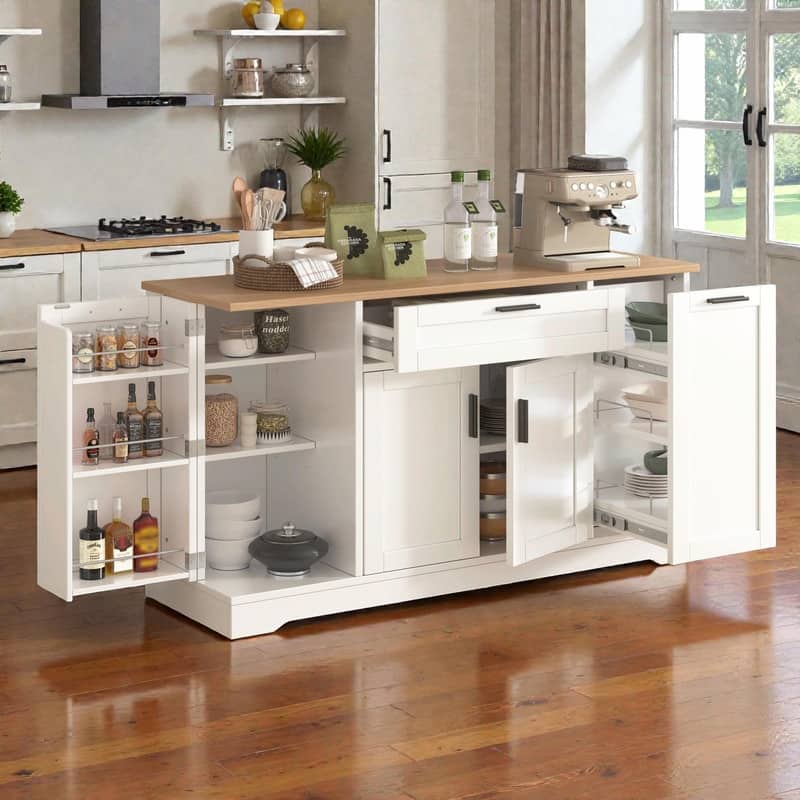 Multi-Functional Storage Sideboard & Extendable Dining Table with Adjustable Shelves, 3-Tier Pull-Out Rack