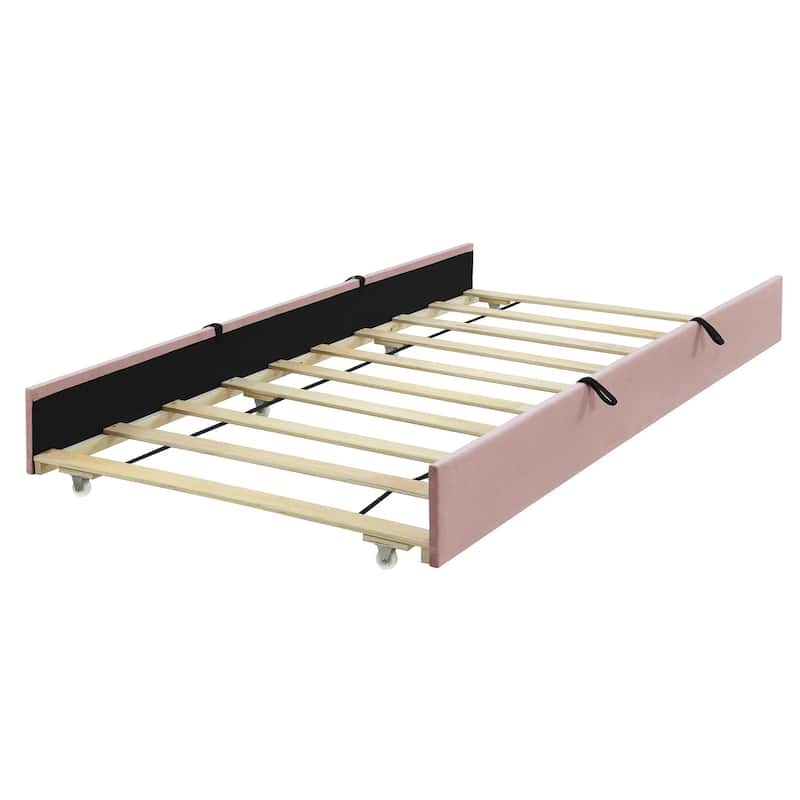 Twin Size Velvet Upholstered Platform Bed with Trundle, Pink