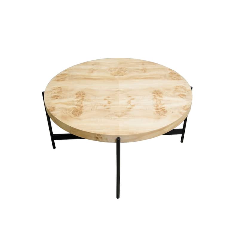 Sevita Eliana Round Burl Wood & Black Metal Coffee Table, 36" L x 36" W x 18" H - 36" Diameter x 18" H