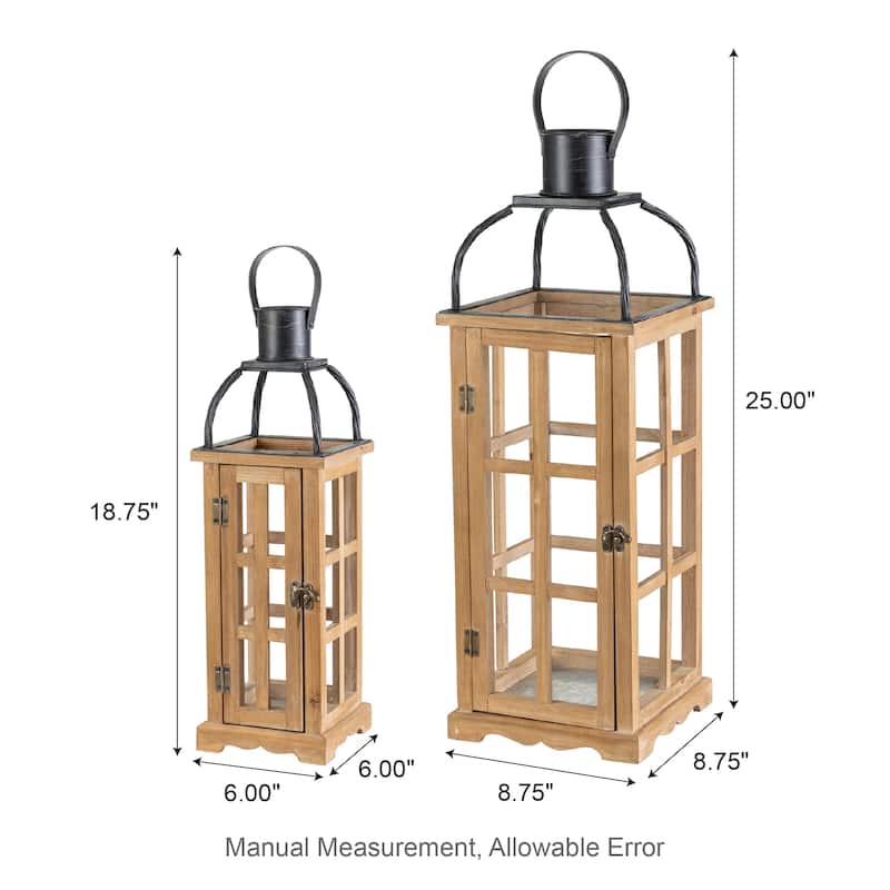 Glitzhome Farmhouse Wooden Metal Cage Candle Holders Patio Hanging Vintage Lanterns (Set of 2)