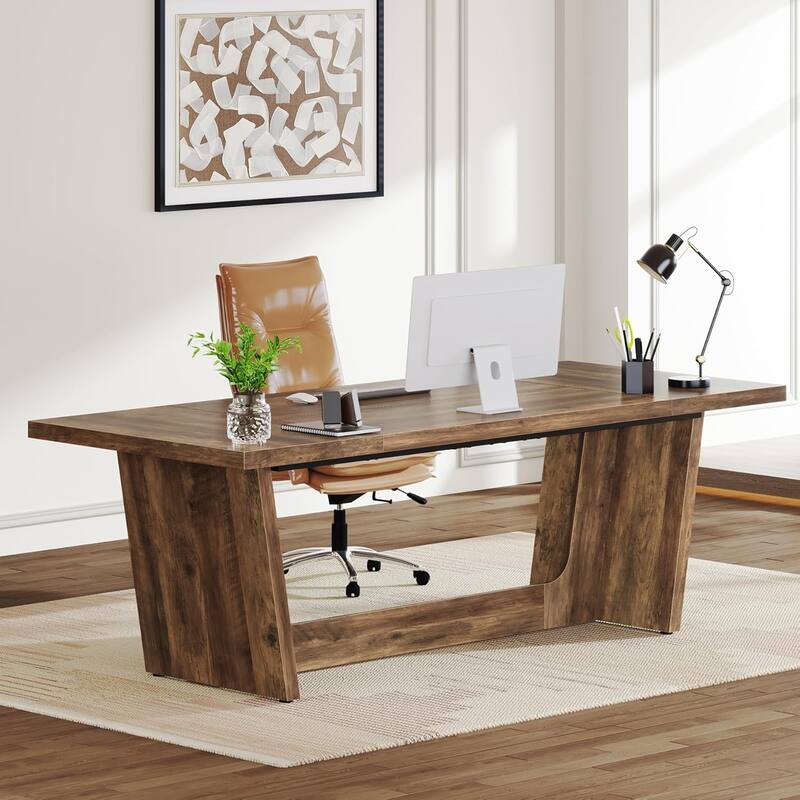71" Executive Desk for Home Office -Wood Computer Table with Solid Wooden Pedestal, Large Writing Workstation