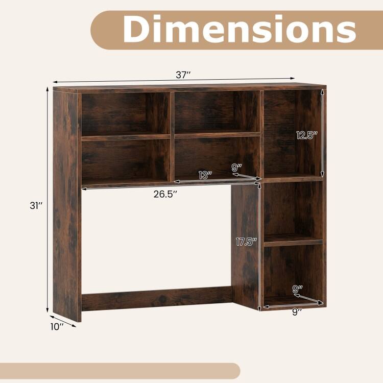 Engineered Wood Desk Hutch with Adjustable Shelves 7 Cubby Desktop Bookshelf Organizer for Home Office - 37" x 10" x 31"