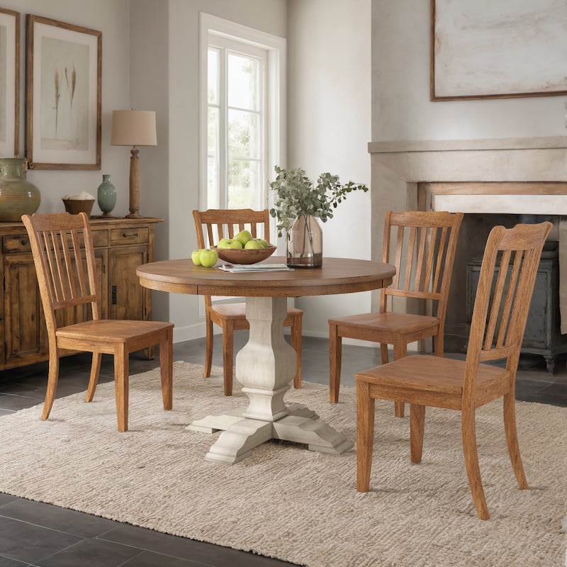 Ronda 45" Round Solid Wood Top Dining Set with Spindle Back Chairs - Antique White Table - Oak Chairs