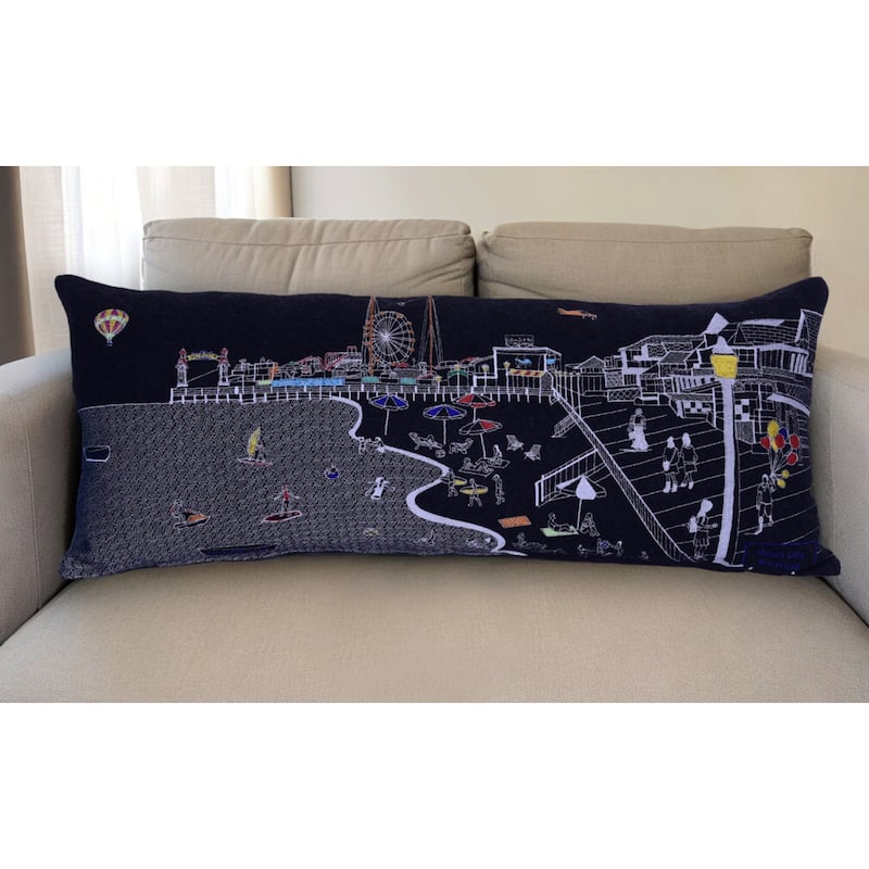 HomeRoots 35" Black Ocean City MD Nighttime Skyline Lumbar Decorative Pillow