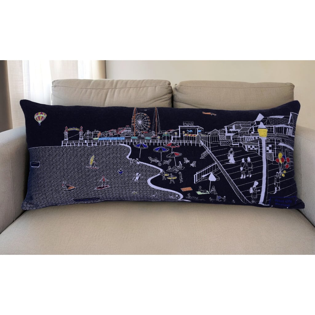 HomeRoots 35" Black Ocean City MD Nighttime Skyline Lumbar Decorative Pillow