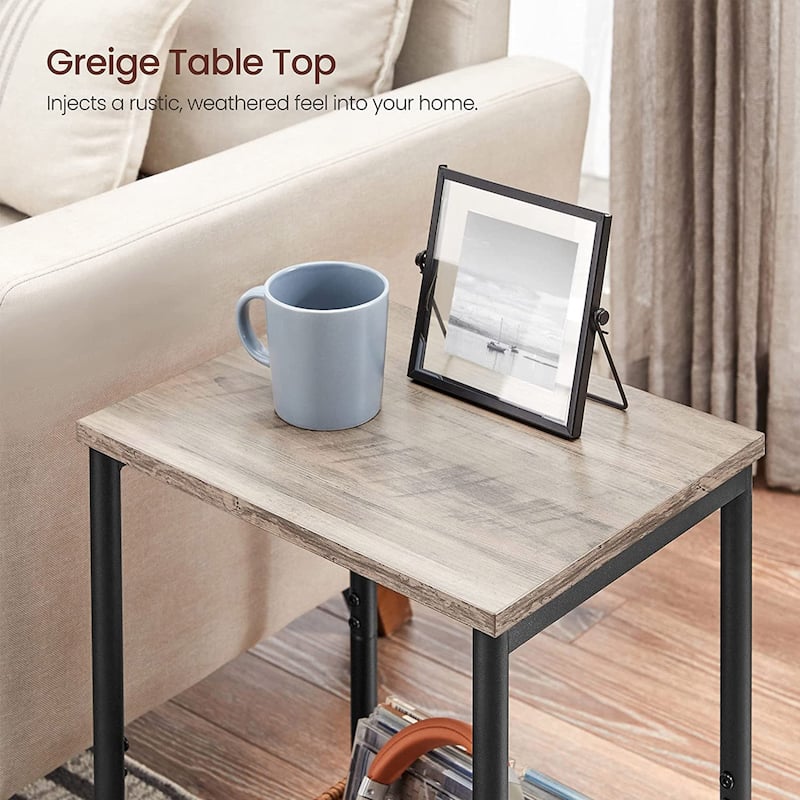 Greige Black Industrial Side Tables Set of 2 with Storage Shelves Steel Frame and Adjustable Feet - 15.2"L x 11.8"W x 19.7"H