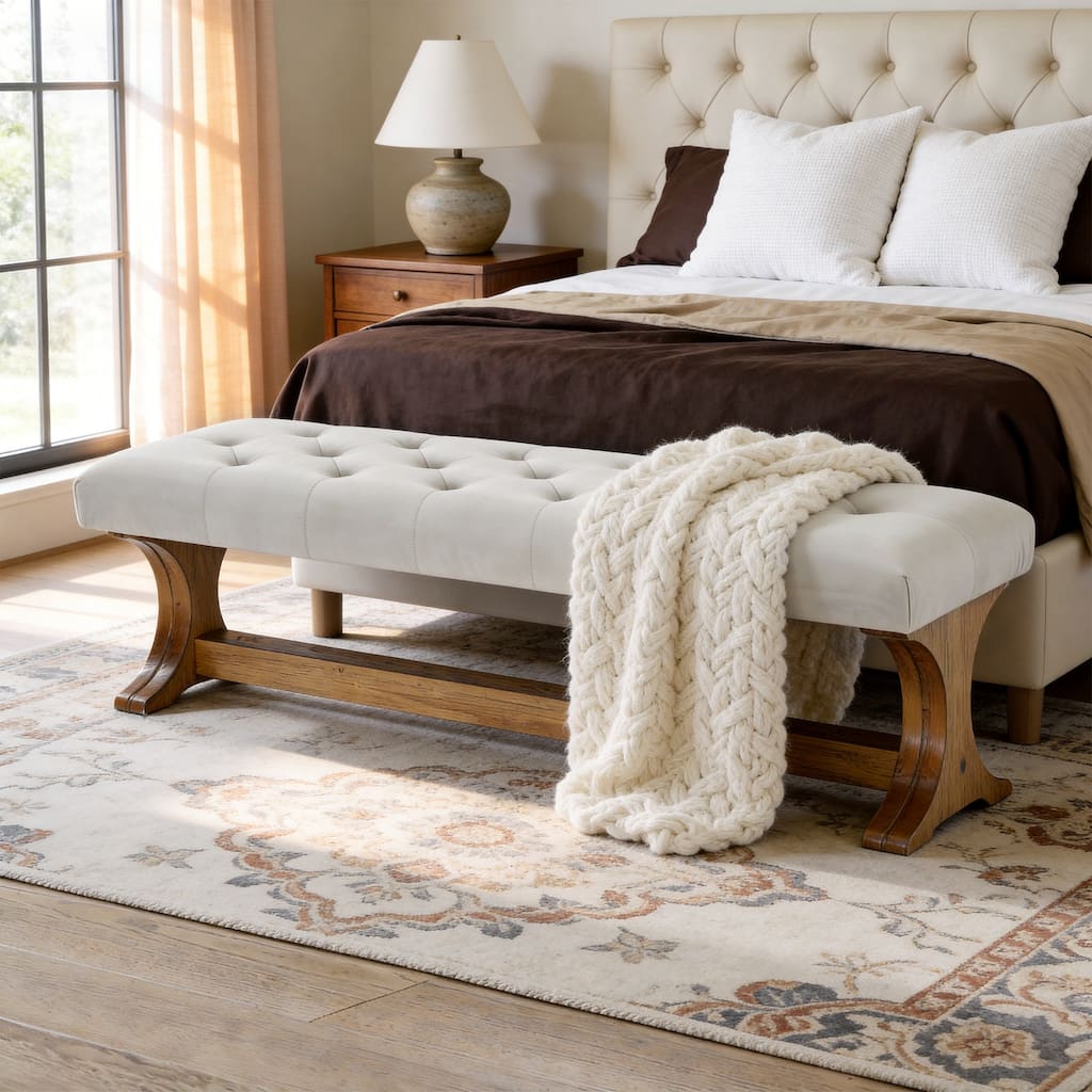 55" Upholstered End of Bed Bench, Solid Wood Tufted Entryway Bench, Ottoman with Cushion for Bedroom, Living Room, Hallway