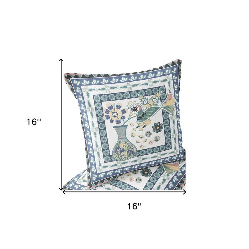HomeRoots Set of Two 16" X 16" Blue and White Peacock Blown Seam Floral Indoor Outdoor Throw Pillow - 16.00' X '16.00' X '5.00