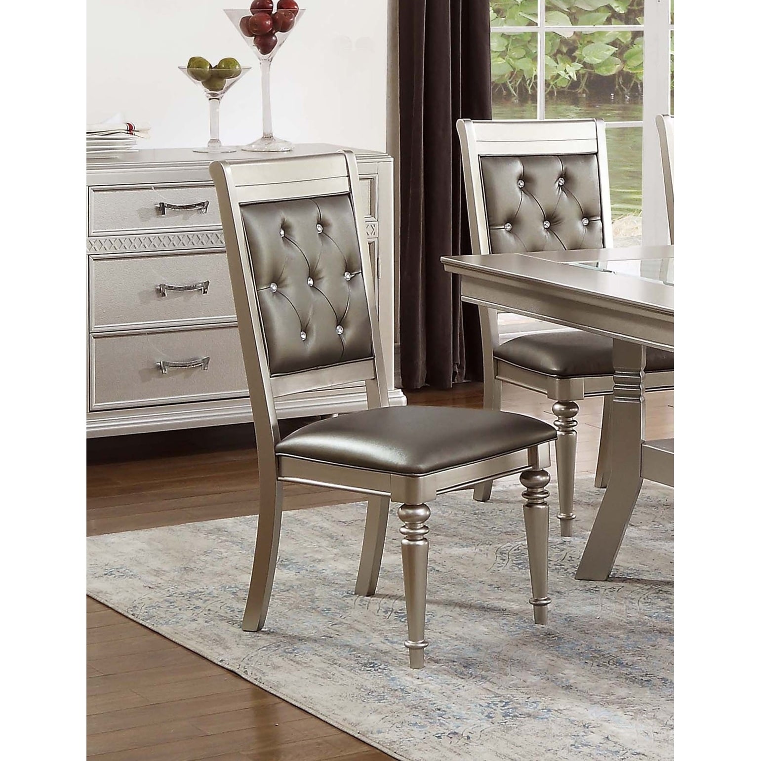 Glam Style Dining Chairs Silver Finish Tufted Backrest