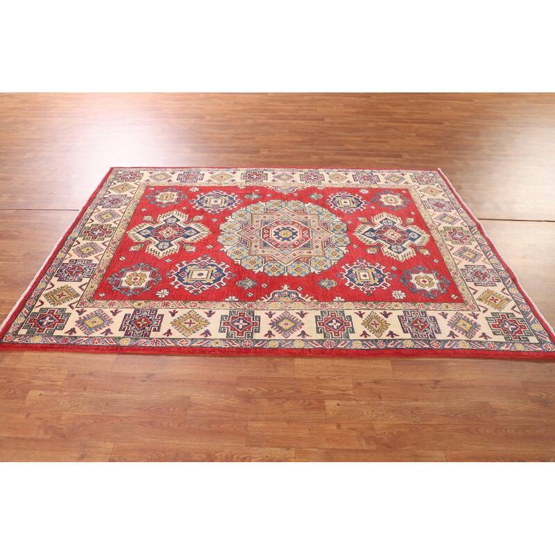 Geometric Kazak Oriental Area Rug Handmade Red Wool Carpet - 4'11" x 7'1"