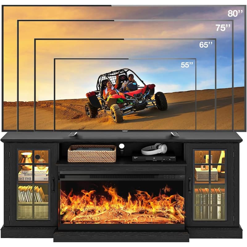 36 Inch 3-Sided Glass Fireplace TV Stand for TVs up to 80"