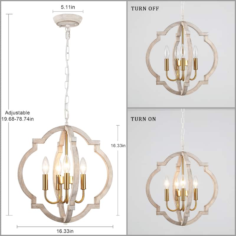 4-Light 16.33"W Wooden Lantern Rustic Chandeliers for Dining Room Kitchen
