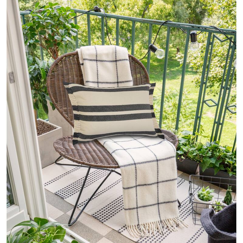 Sevita Gray Double Striped Throw Pillow with Fringe - 16" x 24" - Polyester