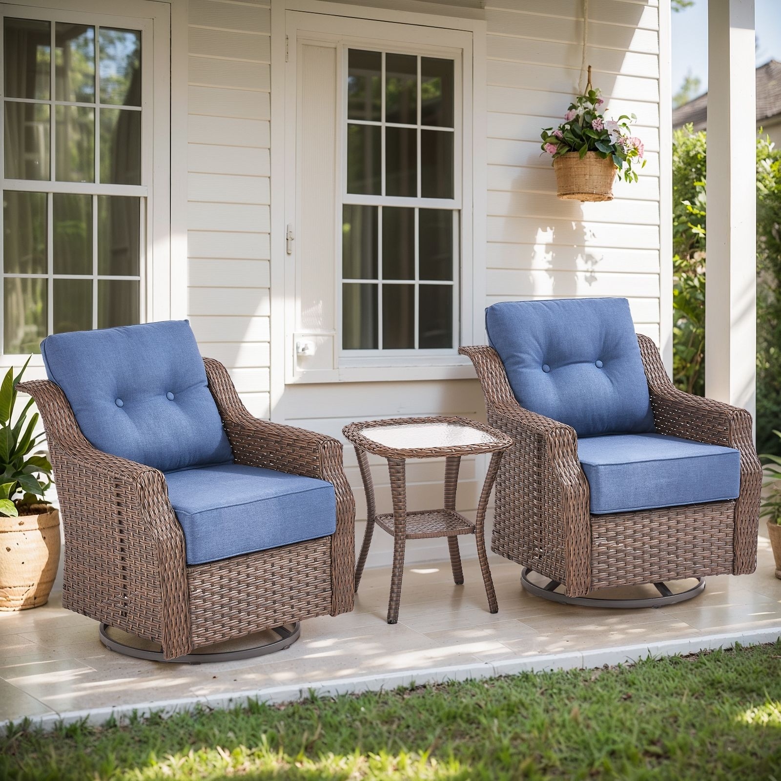 3 Pieces Patio Furniture PE Rattan Wicker Brown Grey Chair Conversation Set NEW