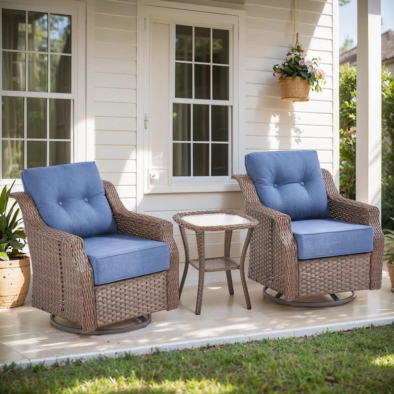 Gymojoy Outdoor Swivel Glider Chair with Side Table - All-Weather Rattan Wicker, 6" Waterproof Olefin Cushions - Grey Wicker / Blue Cusion - 3-Piece