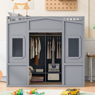 Full Size Loft Bed with Wardrobe, Ladder, and Guard Rails, Grey
