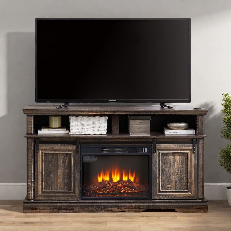 58.11" Fireplace TV Stand with 4 Cable Cutouts and Multifunctional Storage - Fits 65" TVs - Antique brown