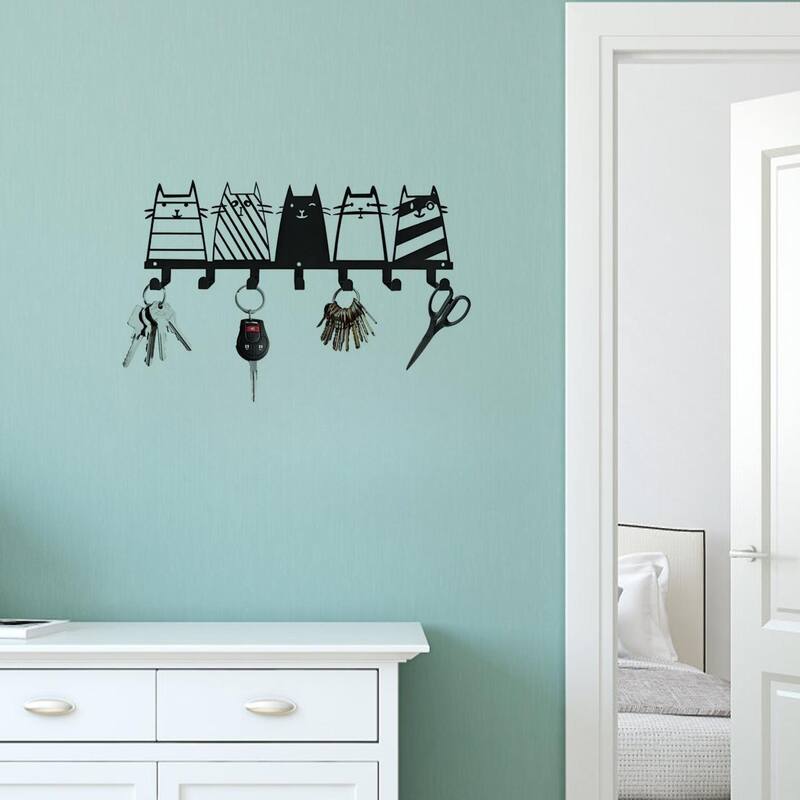 Cute Cat Wall Hooks 7-Hook Key Rack Coat Rack Modern Decor - 13.74" x 4.37"