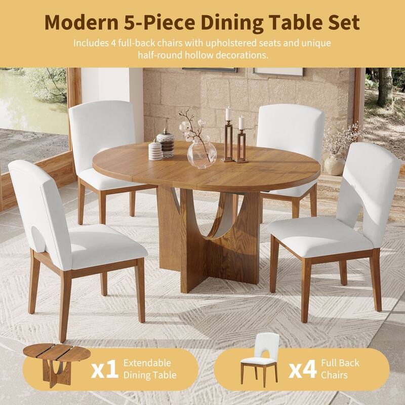 5 Piece Functional Dining Set, Wood Extendable Round Dining Table Set with Removable Leaf and 4 Upholstered Chairs