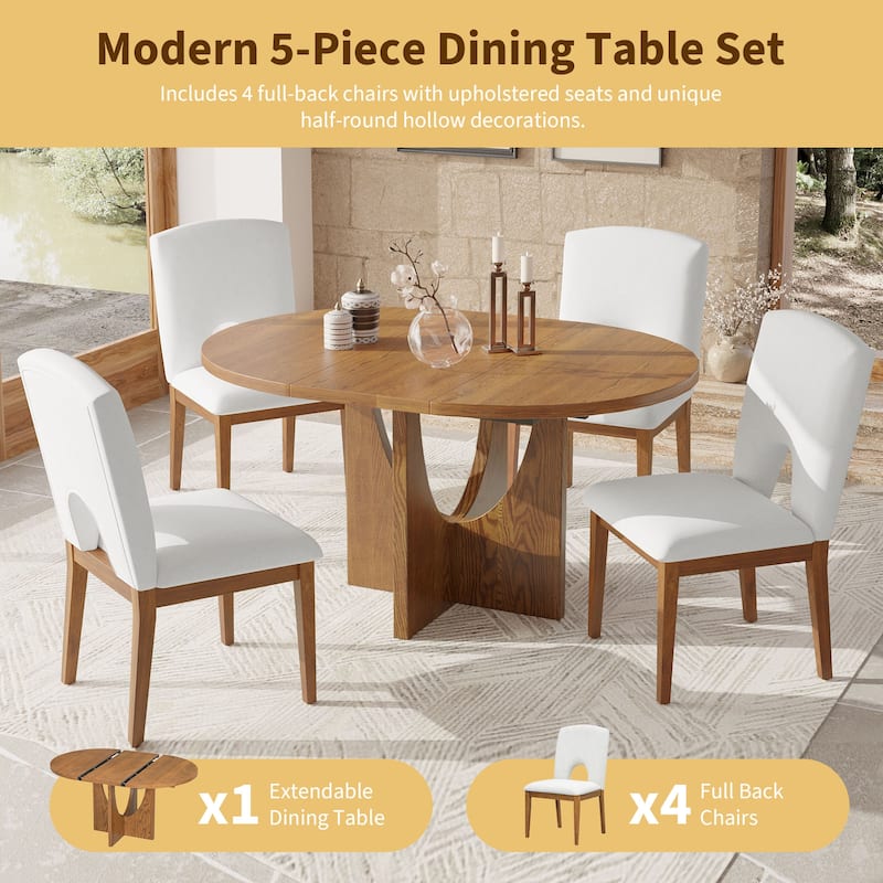 Modern 5-Piece Extendable Round Dining Table Set with Removable table board and Upholstered Backrest Chair for Dining Room