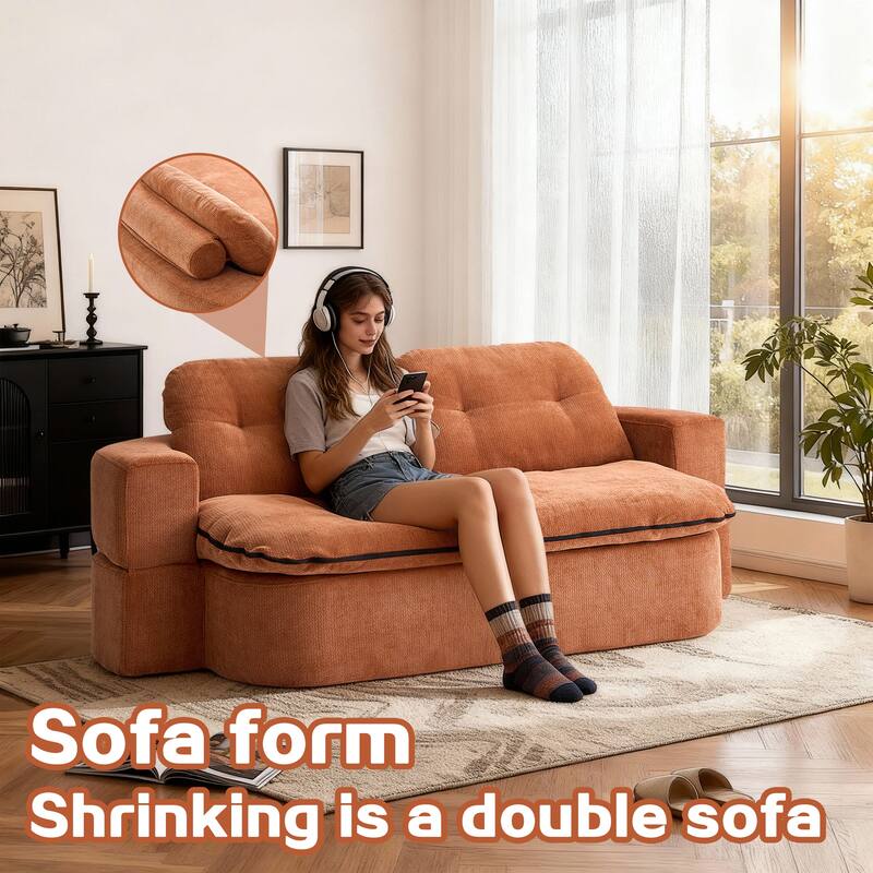 Modern 2-Seater Sofa 2-in-1 Sleeper Sofa Bed with Convertible Sofa Cushion Unfolds Into Quilt, for Living Room, Caramel