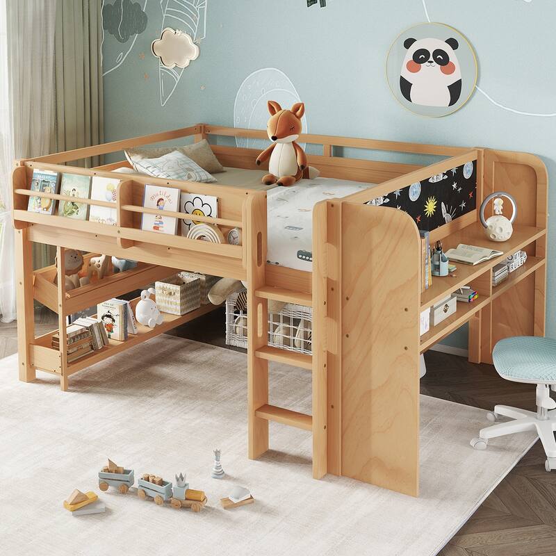 Full/Twin Size Loft Bed with Built-in Desk, Multi-Storage Bookcases & Blackboard, Solid Wood Low Loft Bed Frame
