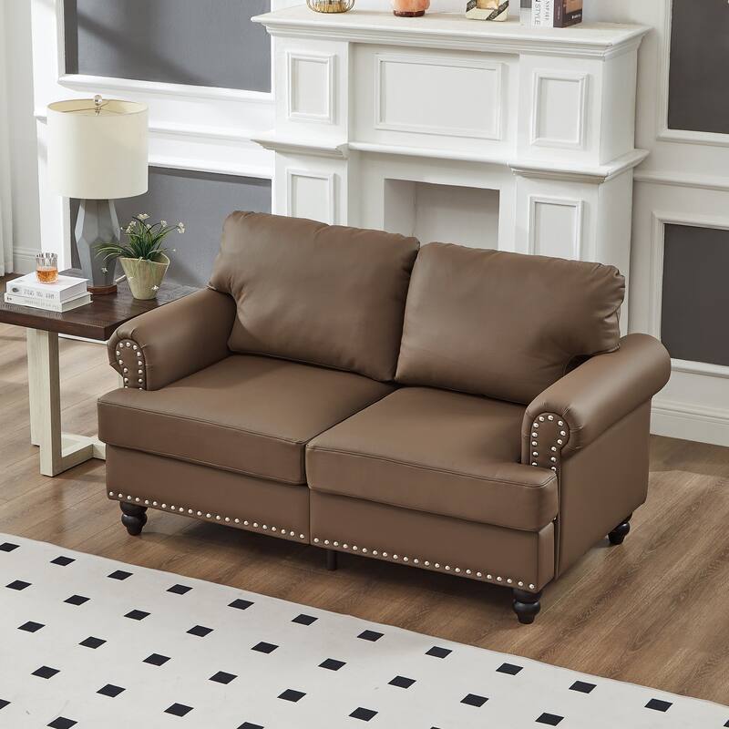 59.5" Modern Classic Design with Nails Loveseat Leather Couch,Upholstered Imitation Cowhide Leather - Brown