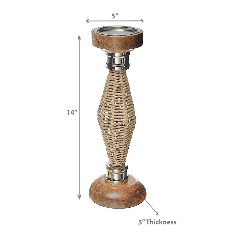 Diamond Raffia Metal Pillar Candlestick 14"