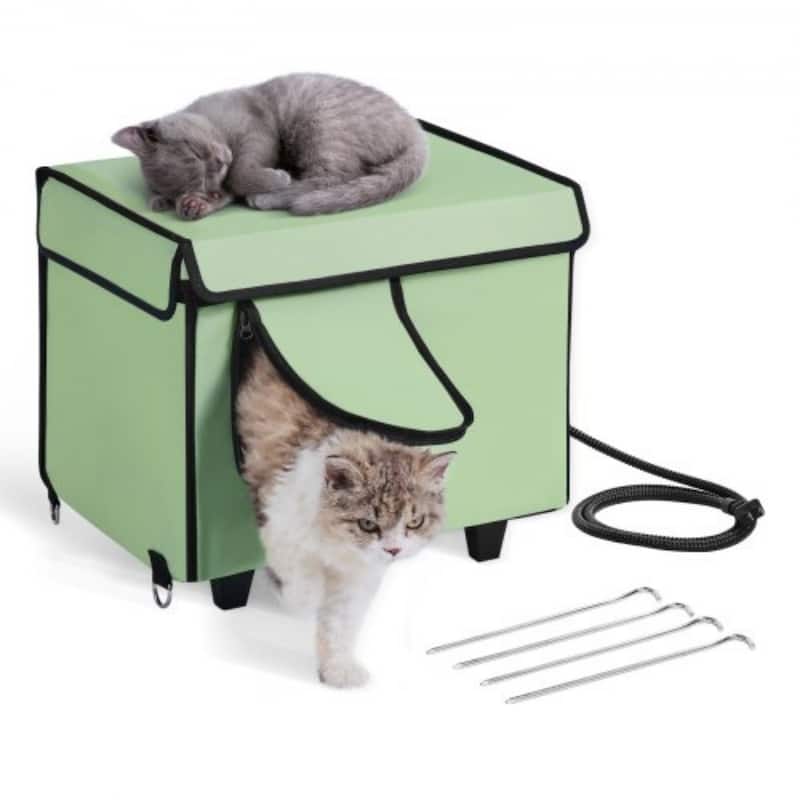 Green Oxford Heated Cat House with Pad, Waterproof and Insulated Design - 16.53” L × 12.99” W × 15.35” H - Green