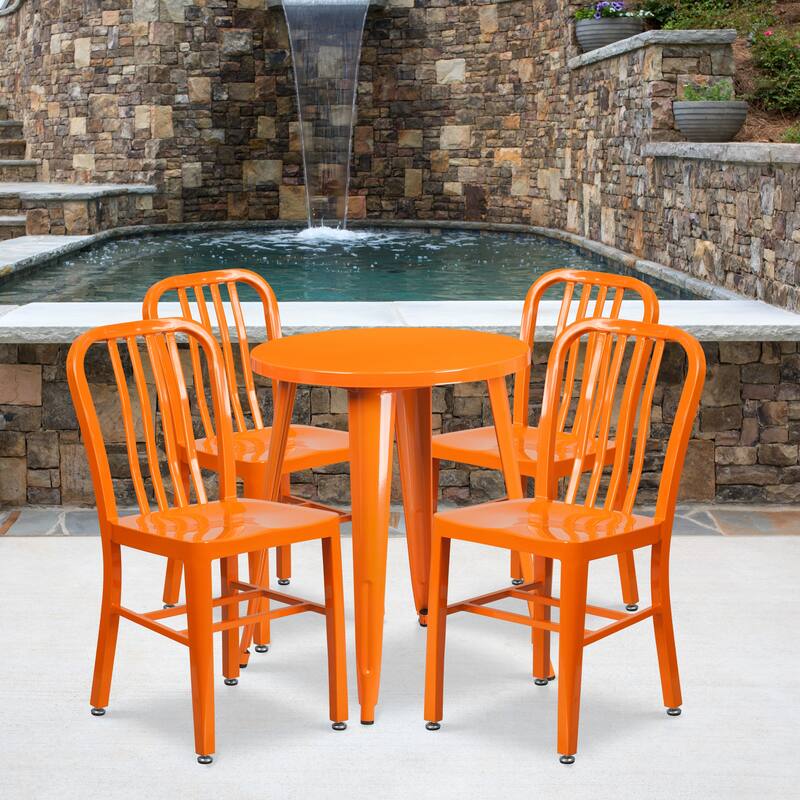 24'' Round Metal Indoor-Outdoor Table Set with 4 Vertical Slat Back Chairs