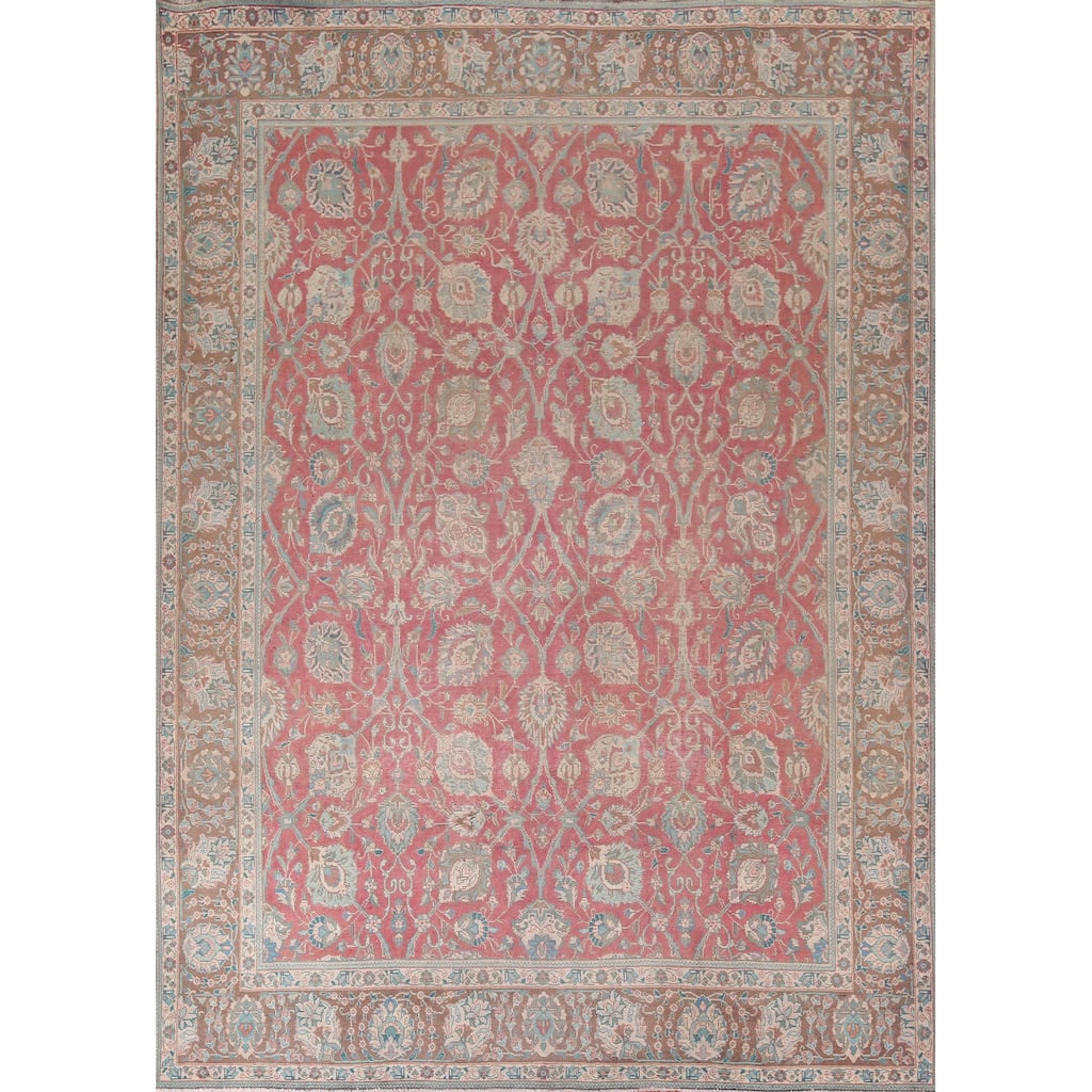 Pink Floral Tabriz Persian Vintage Rug Hand-Knotted Wool Carpet - 9'11"x 12'9"