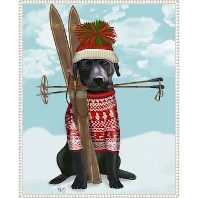 Black Labrador Skiing by Fab Funky (23 x 28 in.), Framed Canvas Wall Art Print - Sylvie Beaded White