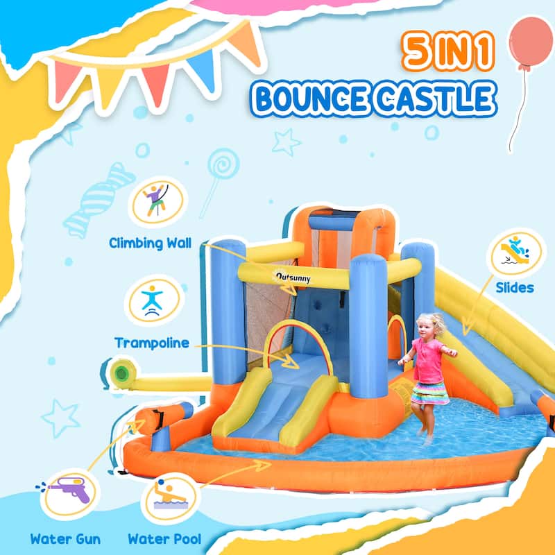 Outsunny 5-in-1 Kids Inflatable Bounce House Jumping Castle with Water Pool, Slide, Climbing Walls, & 2 Water Guns