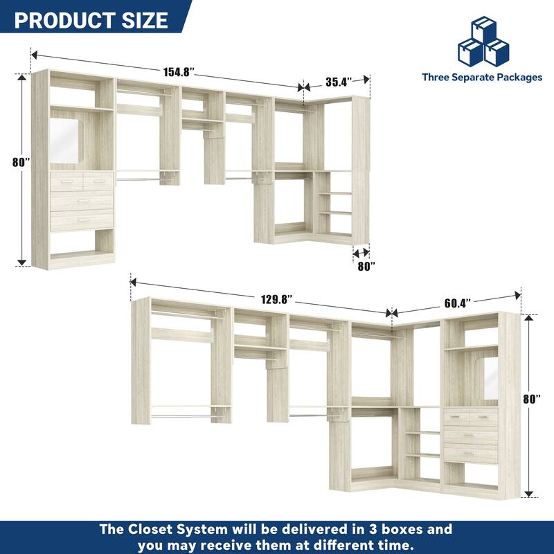 Set of 4/ 5 Modular Closet System with Drawers and Mirror, Corner Closet Organizer with Hanging Rods and Shelves