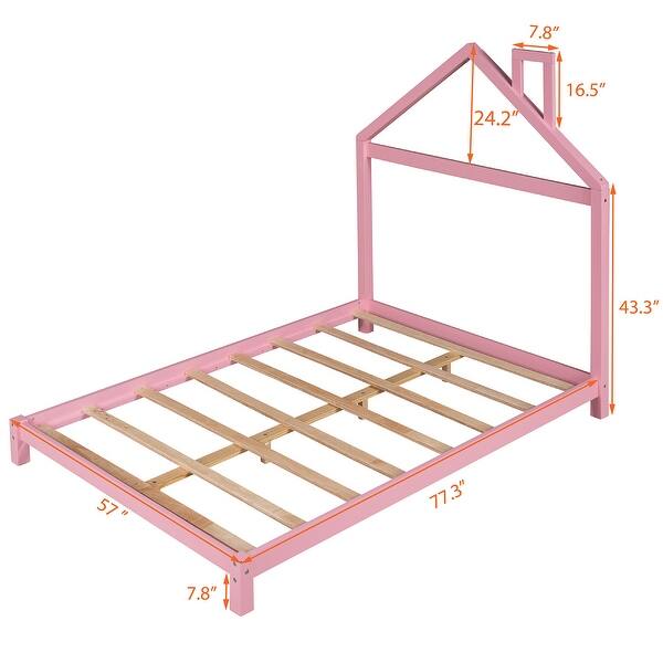 dimension image slide 3 of 8, Wooden Platform Bed with Wood Slat Support, Modern Solid Wood Kids Bed Frame with House-shaped Headboard, No Box Spring Needed